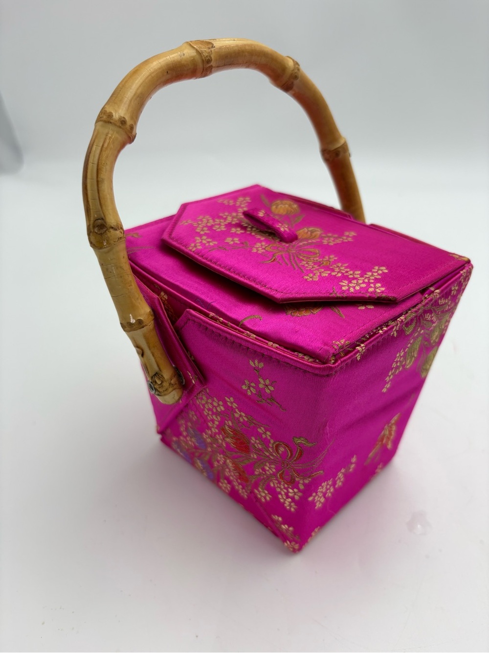 Vintage Tozai Hot Pink Satin Bamboo-Handle Chinese Take-Out Evening Bag - Picture 2 of 16